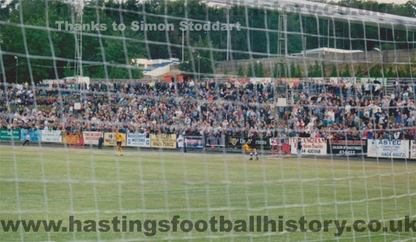 View of spectators on the grass bank during the Hastings Town vs Nottingham Forest friendly 1995. © Simon Stoddart