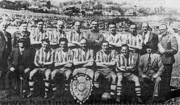 Hastings & St Leonards FC 1948. Team photo at the Pilot Field. Top Row L to R: Burden, George, Hull, Turner, Jones, Bedford; Bottom row L to R Maidment, Horne, Thorne, Fleming, Harding.