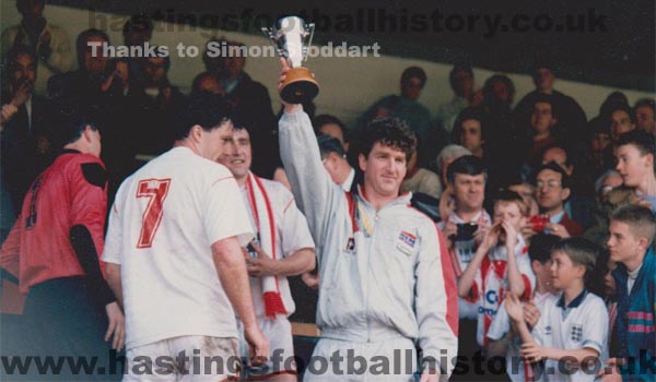 Dean White lifting the Southern League Southern Division Trophy for Hastings Town